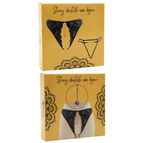 String gris avec bijou couleur aléatoire et chaîne dorée 